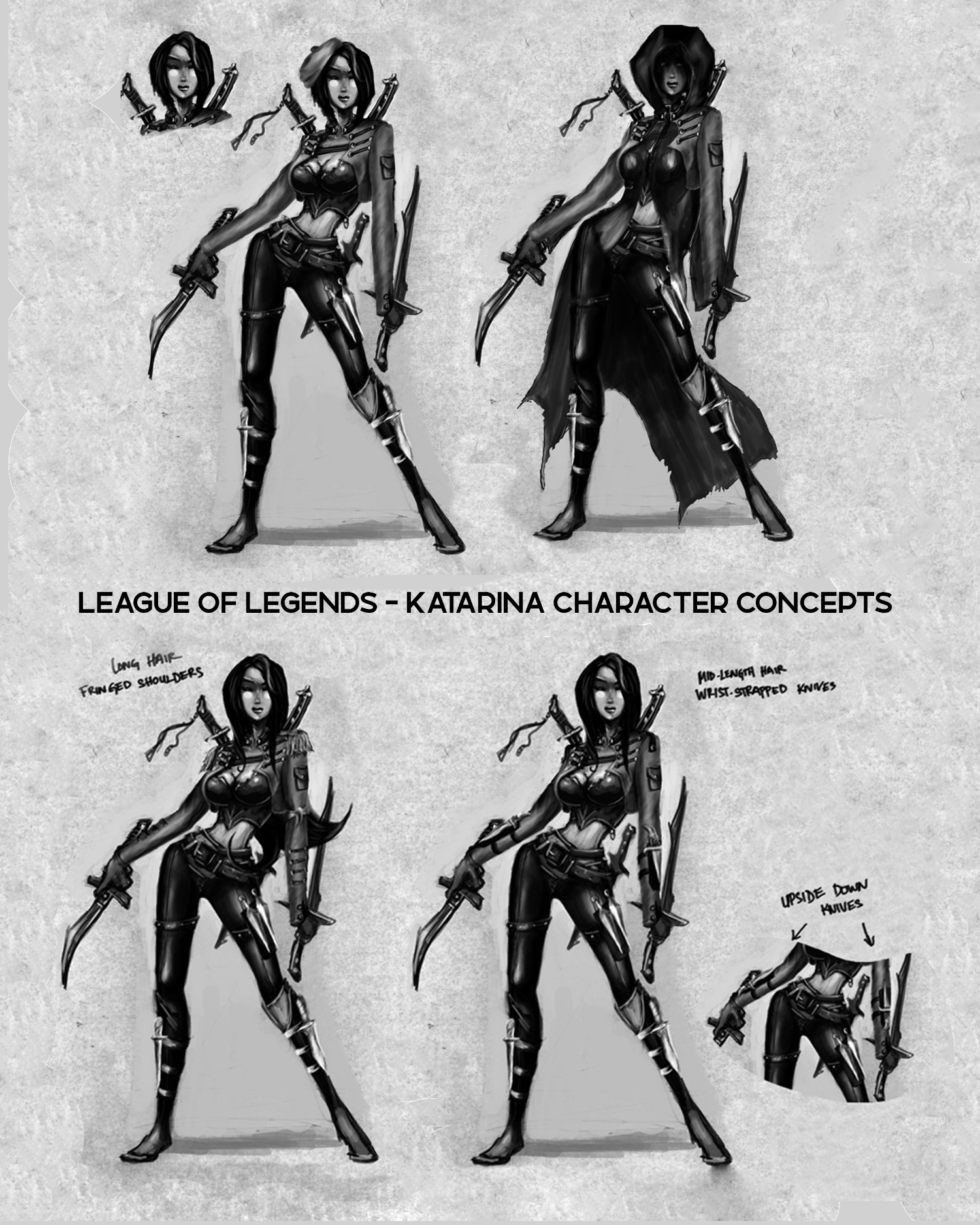 Character design concepts for Katarina from League of Legends