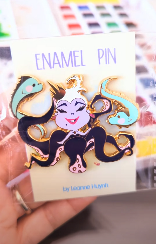 Chibi Queen Ursula with Flotsam & Jetsam Gold Enamel Pin